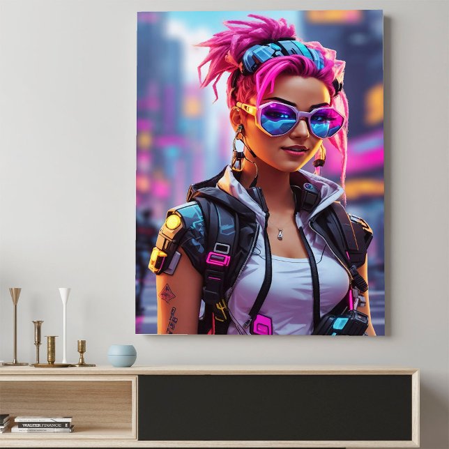 Affiche Cyberpunk Girl rose néon futuriste (Créateur téléchargé)