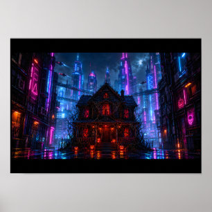 Affiche Cyberpunk Halloween Maison Hantée Ville Néon