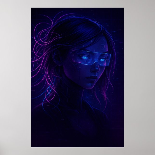 Affiche Cyberpunk Neon Girl Portrait – Futuristic Sci-Fi (Devant)