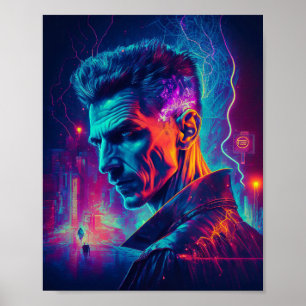 Affiche Cyberpunk Nikola Tesla dans la ville