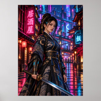 Affiche Cyberpunk Samurai Woman Japanese Neon Wall Art