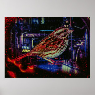 Affiche Cyberpunk Sparrow dans Neon Cityscape