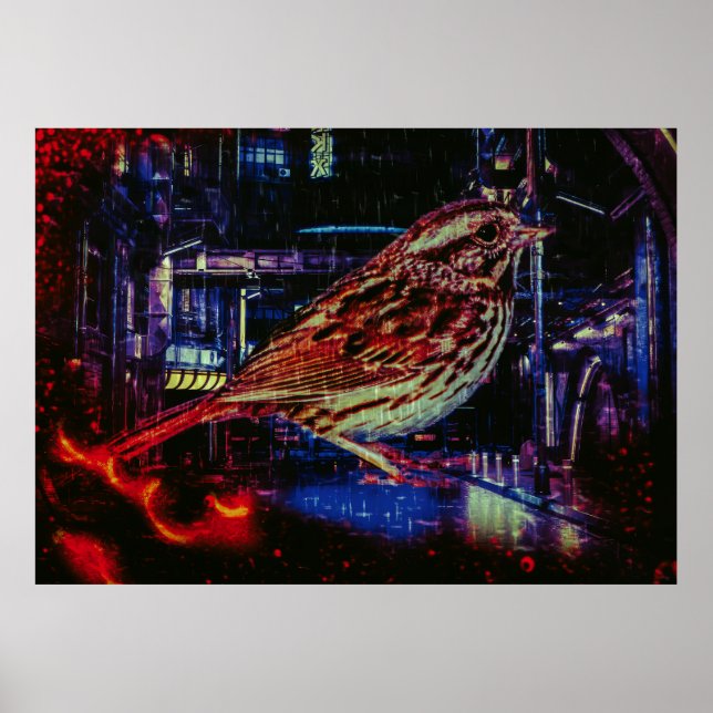 Affiche Cyberpunk Sparrow dans Neon Cityscape (Devant)