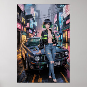Affiche Cyberpunk Street Racer - Futuristic Anime Girl & R