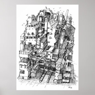 Affiche Cyberpunk ville art encre