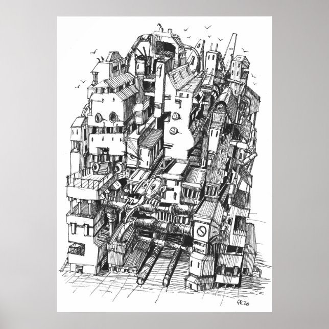 Affiche Cyberpunk ville art encre (Devant)