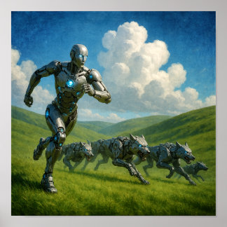 Affiche Cyborg and Robotic Wolves Running