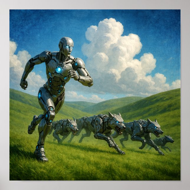 Affiche Cyborg and Robotic Wolves Running (Devant)
