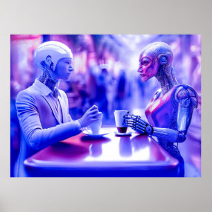 Affiche Cyborgs couple manger des boissons au café de rue
