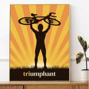 Affiche Cycliste Triomphant Monter le vélo sur la tête Gra