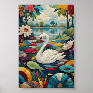 Affiche Cygne blanc Art folklorique maximaliste vif