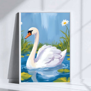 Affiche Cygne blanc   Peinture d'oiseau à l'aquarelle sur 