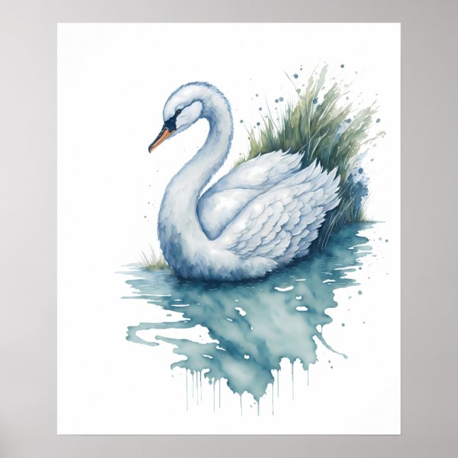 Affiche cygne d'aquarelle à couper le souffle sur un lac t (Devant)