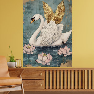 Affiche cygne majestueux aux ailes dorées flotte sur l'eau