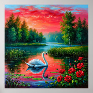 Affiche Cygne majestueux glissant sur un lac serein