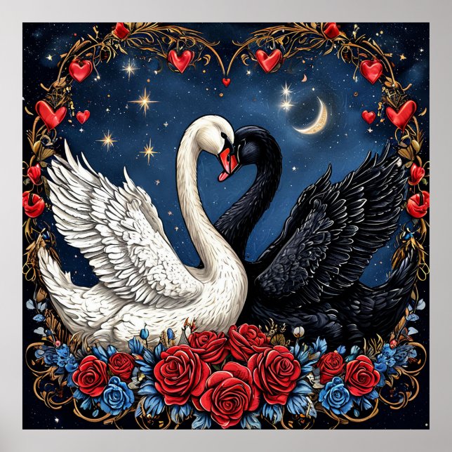 Affiche Cygnes blancs et noirs avec Coeurs et Roses (Devant)