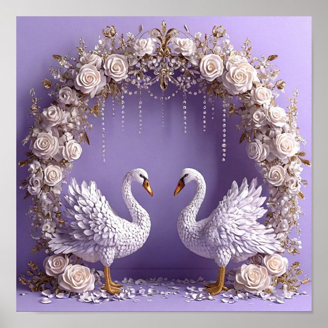 Affiche Cygnes de mariage Élégante Nature Art 🦢🤍🌹✨ (Devant)