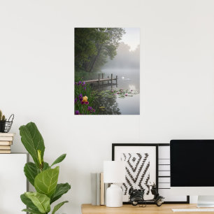 Affiche Cygnes du lac brumeux Nymphéas Art de la nature
