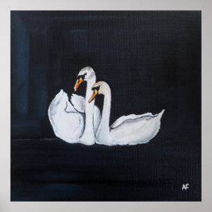 Affiche Cygnes la nuit Peinture d'Alfred Fox