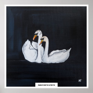 Affiche Cygnes la nuit Peinture d'Alfred Fox