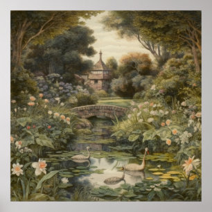 Affiche Cygnes vintage dans un jardin anglais - Botanique