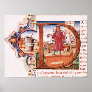 Affiche 'D' initial historique représentant un apothécaire