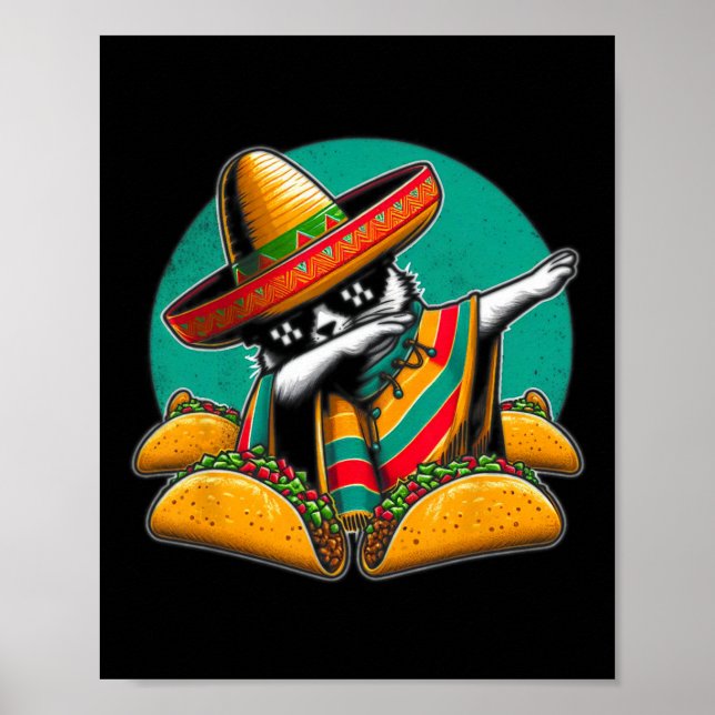 Affiche Dabbing Chat Tacos Mexicain Poncho Sombrero Cinco  (Devant)