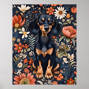 Affiche Dachshund adorable entouré de fleurs vibrantes