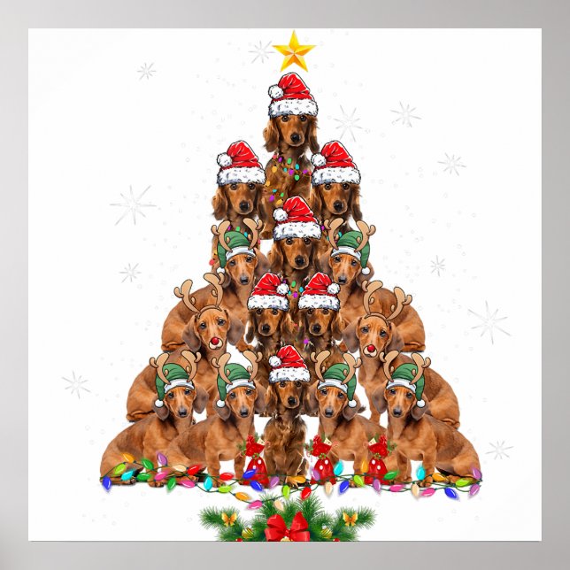 Affiche Dachshund Arbre de Noël Chien Xmas feux Pyjamas F (Devant)