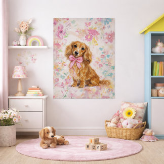 Affiche Dachshund aux longs poils Aquarelle Pastel Floral