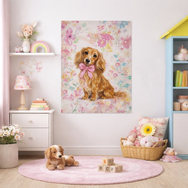 Affiche Dachshund aux longs poils Aquarelle Pastel Floral (Long Hair Dachshund Watercolor Pastel Floral Poster)