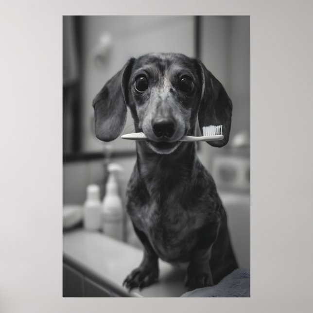 Affiche Dachshund Brushing Teeth Print, Funny Bathroom Dog (Devant)