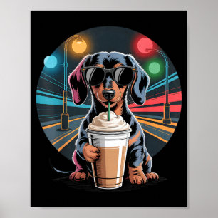 Affiche Dachshund buvant du café glacé animal chien mème 