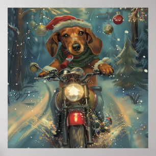 Affiche Dachshund Chien équitation moto Noël