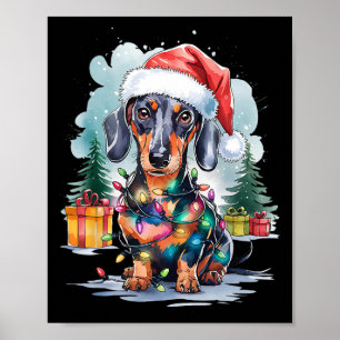 Affiche Dachshund Chien Santa Hat Lumières de Noël Arbre W