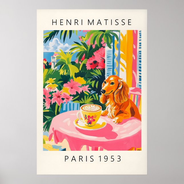 Affiche Dachshund Coffee Print Matisse Style Pink Kitchen (Devant)
