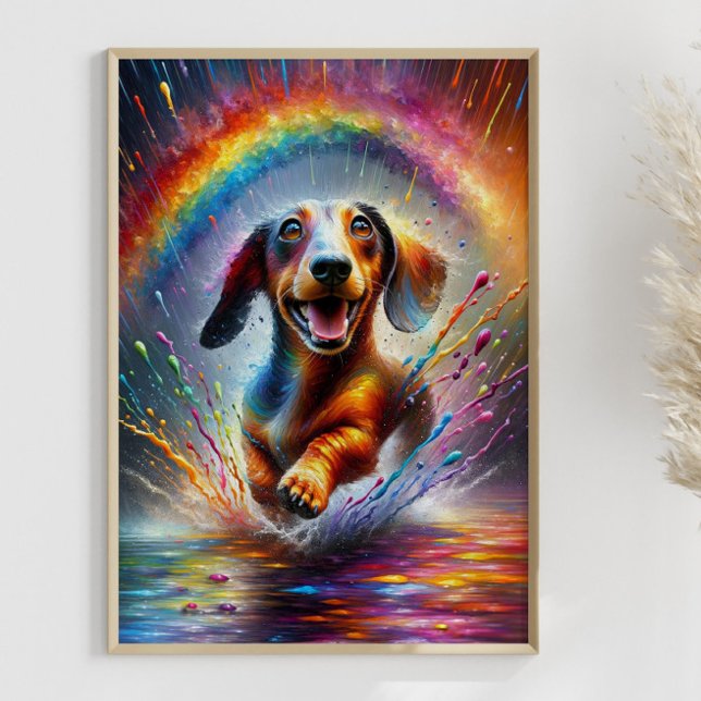 Affiche Dachshund coloré Rainbow Splatter Weener Chien (Framed example)