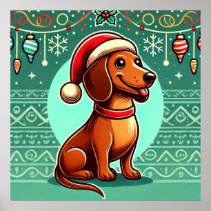 Affiche Dachshund de fête portant un chapeau de Père Noël