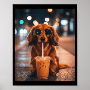 Affiche Dachshund drôle buvant un café glacé amateur de ch