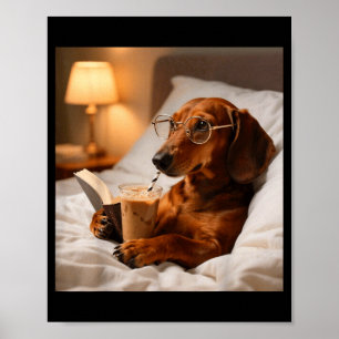 Affiche Dachshund drôle buvant un café glacé amateur d'hum