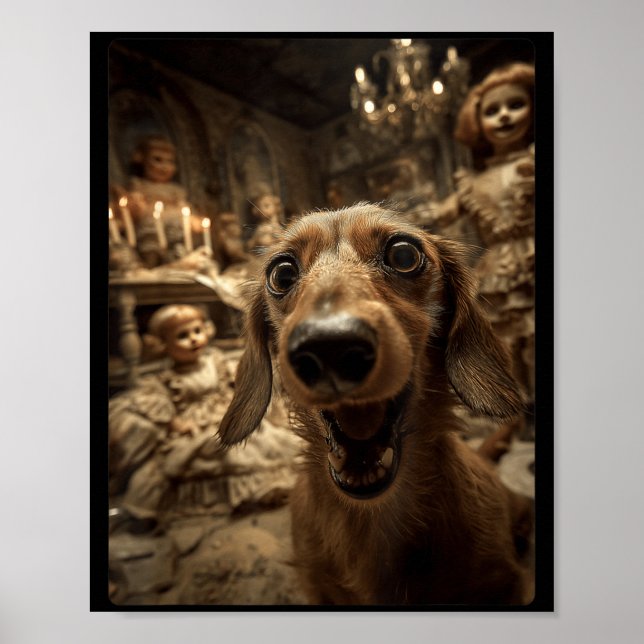 Affiche Dachshund drôle selfie Y Poupées Halloween effraya (Devant)