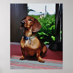 Affiche Dachshund Est Assis Sur Le Porc De La Maison De Ca