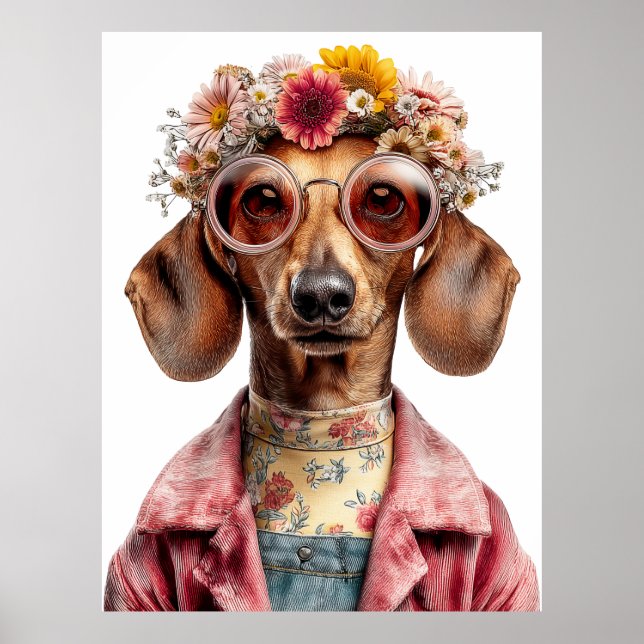 Affiche Dachshund floral de style vintage (Devant)