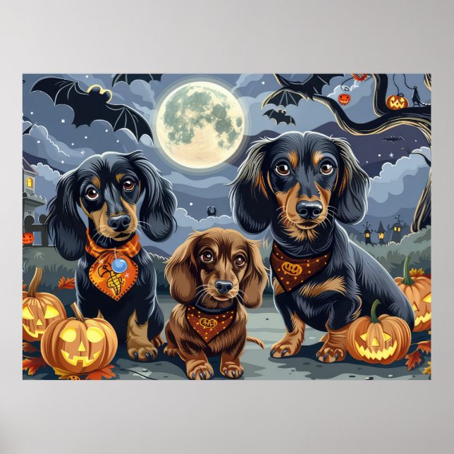 Affiche Dachshund Halloween Éffrayant (Devant)