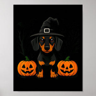 Affiche Dachshund noir et feu Halloween Sorcière Squeletti