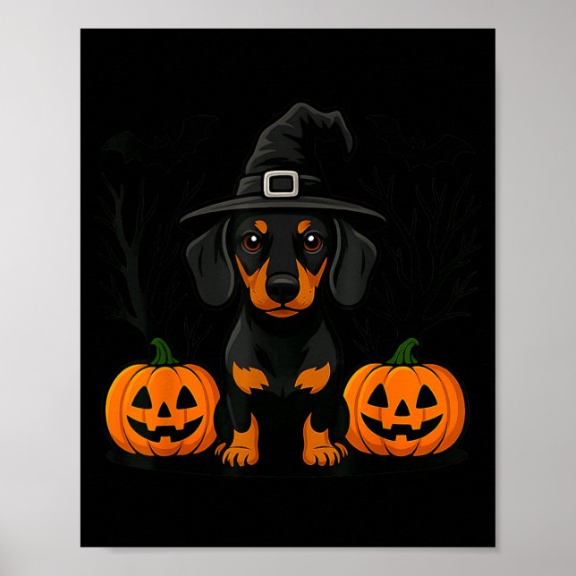 Affiche Dachshund noir et feu Halloween Sorcière Squeletti (Devant)