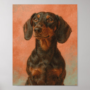 Affiche Dachshund noir et feu sur corail