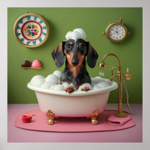 Affiche Dachshund prendre un bain de bulle dans un minuscu