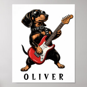 Affiche Dachshund Rocker Cool Chien de Joue à la Guitare É