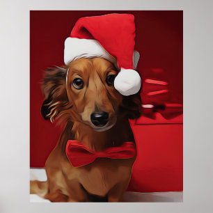 Affiche Dachshund Sitting In Front Of A Christmas Gift